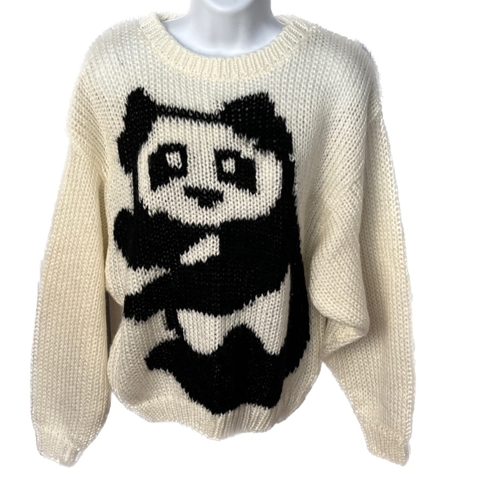 Vintage Sweater Panda Bear Black Off White Chunky Knit Pullover Size L Fetagetti